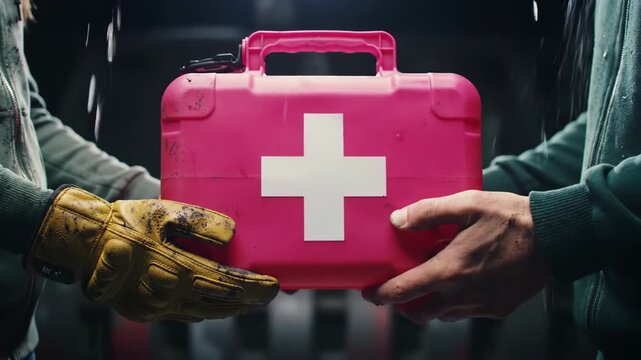 Close up shot of pink first aid kit exchange between two people wearing gloves and jackets in dim indoor setting.