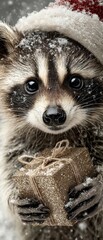 Festive raccoon baby spreads joy with a heartwarming christmas gift. Clean layout. A winter wonderland: delightful raccoon with gift and snowy scenery. Studio shot. Large format.