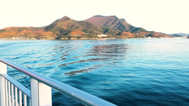 Seto Inland Sea and Shodoshima Island viewed from a ferry on a sunny day