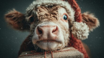 Festive joy with santa's little ox and its adorable gift surprise. Avant-garde shots. Joyful ox baby amidst glittering elements: a holiday extravaganza. Unusual perspectives.