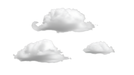 White clouds, three isolated puffy cloud shapes, isolated on a white or transparent background, cutout, PNG