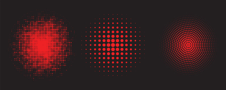 Halftone circles set. Duotone round shaped transition. Modern design elements for icon, emblem, logo, border, frame, pattern, backdrop, wallpaper. Abstract geometric background, vector illustration.