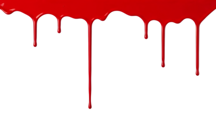 Red liquid drips, falling down abstract dripping paint, isolated on a white or transparent background, cutout, PNG