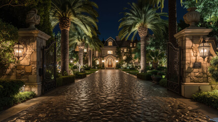 Luxurious mansion entrance with elegant cobblestone pathway and illuminated palm trees at night