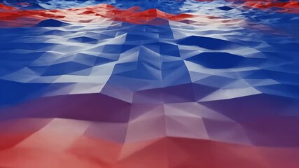 A mesmerizing abstract lowpoly geometric landscape featuring dynamic undulating waves of red white and blue creating a vibrant and futuristic digital background with a sense of fluid motion and techn. - Powered by Adobe
