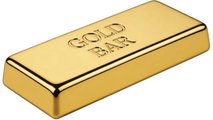 Gold bar, with gold color and text shiny rectangle metal, isolated on a white or transparent background, cutout, PNG