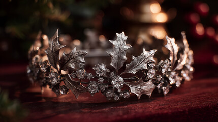 Elegant silver tiara with holly leaves and crystals on red velvet