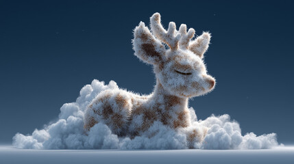 Snowy deer resting on fluffy clouds in winter wonderland scene