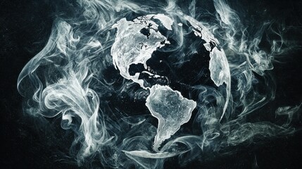Abstract Earth Globe Digital Rendering in White Smoke Against a Dark Background