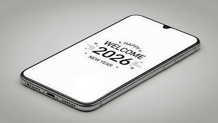Sleek smartphone screen shows 'Happy Welcome 2026 New Year' message, symbolizing digital celebration, future possibilities, and a fresh start. A modern festive display
