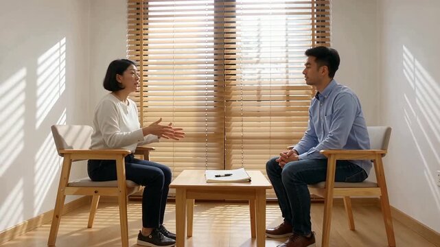 Therapy Session - A Man and Woman Discussing Issues in a Bright Room.