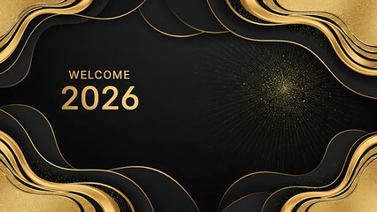 Elegant Welcome to 2026 with Golden Waves on Black Background