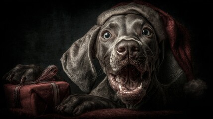 Adorable pup in santa hat offers ultimate christmas spirit in art. Chic appearance. Smiling pup in santa hat holds gift on a merry christmas greeting card. Majestic beauty. Stylish concept.