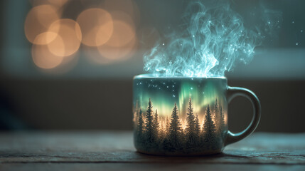 Cozy steaming mug with aurora borealis design on table