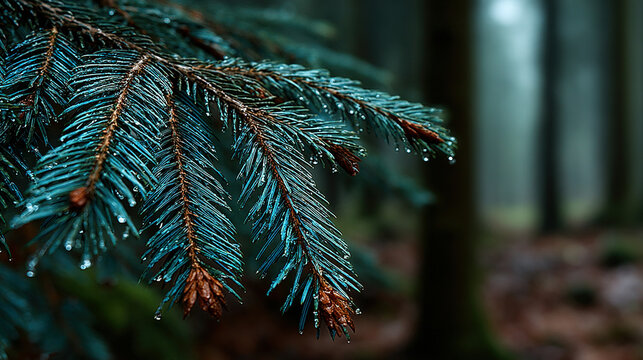Close-up of a blue-tinted pine tree branch with raindrops in a forest. - Powered by Adobe