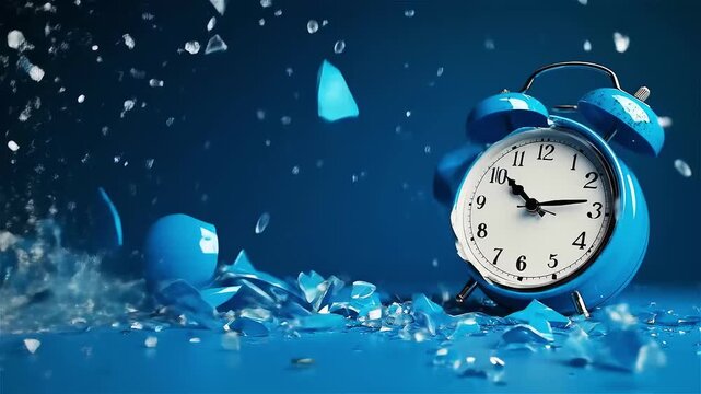 Shattering the illusion of time with an explosive display of a blue alarm clock bursting apart in brilliant fragments against a deep blue backdrop