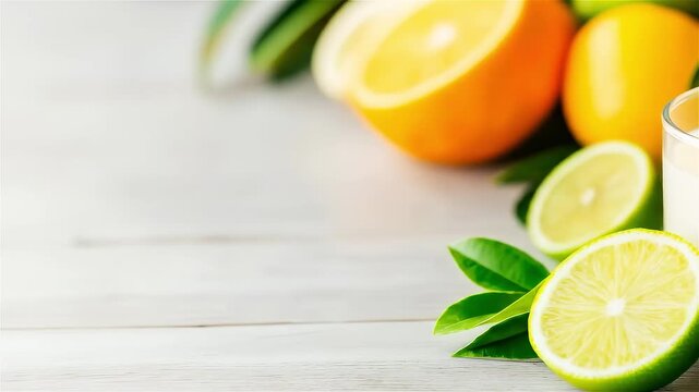 Bright, fresh citrus aroma fills the air with oranges and limes beside a glowing candle on a light wooden surface