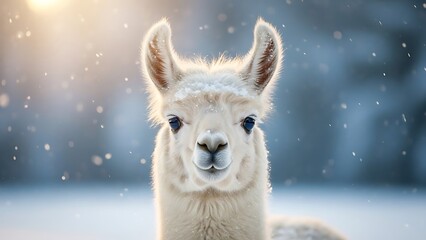 Obraz premium Llama Portrait Winter Snow Cute Animal Alpaca Fluffy Wool Furry Creature Farm