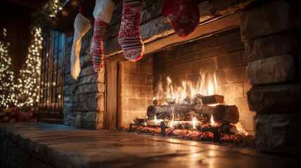 Cozy Christmas scene with stockings by warm fireplace