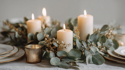 Elegant table setting with candles and greenery for dinner