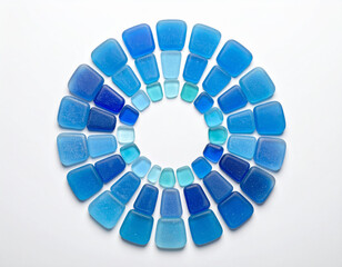An artistic arrangement of blue sea glass pieces is shaped into a perfect circular mosaic pattern.