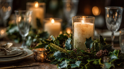 Cozy holiday dinner table with candles and greenery