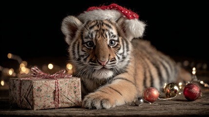 Furry festivities: a tiger cub delivers seasonal cheer and smiles. Blank background. Delightful christmas card featuring santa-hatted tiger cub and bright ornaments. Clear focus. Rule thirds.