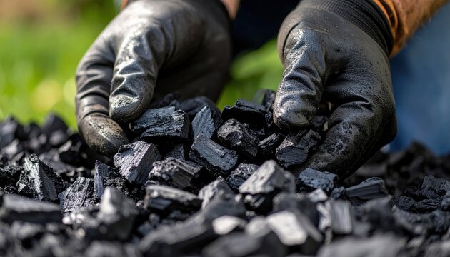 Close-up of gloved hands holding and sifting black charcoal pieces, preparing for a barbecue.