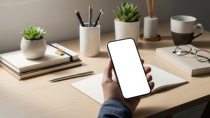 Hand holding smartphone with white display over organized desk with stationery items