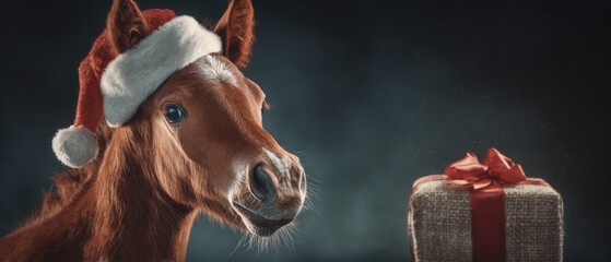 Holiday joy in equine form: a cute horse with a santa hat. Epic poster. Radiant red horse in santa hat within a festive setting. Cinematic poster. Blockbuster art.
