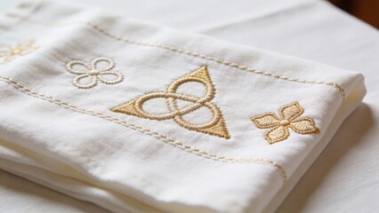 Embroidery patterns featuring trinity motifs on altar cloth displayed under soft bright lighting, showcasing intricate design and craftsmanship
