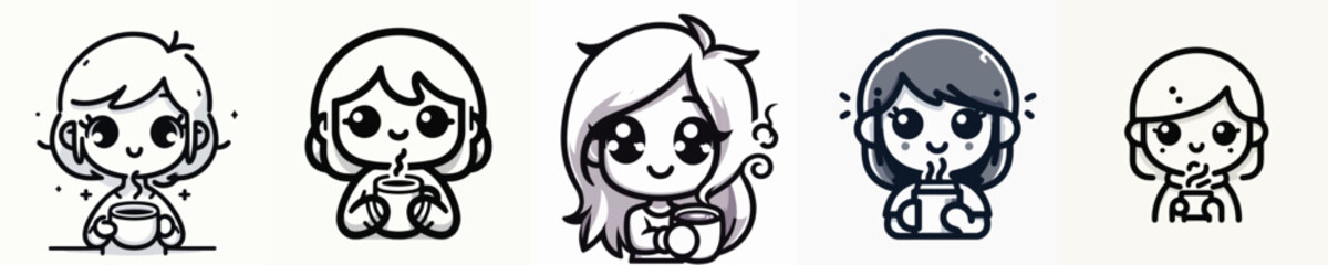 Fototapeta premium Cute and Adorable Girl Drinking Coffe Vector Illustration
