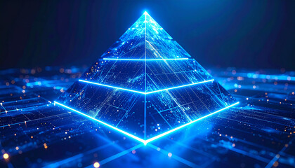 Futuristic 3D pyramid with glowing energy lines, vibrant blue surface, abstract geometric design