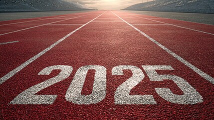 A red track with white markings leads to a bright horizon, the year "2025" boldly displayed on the ground