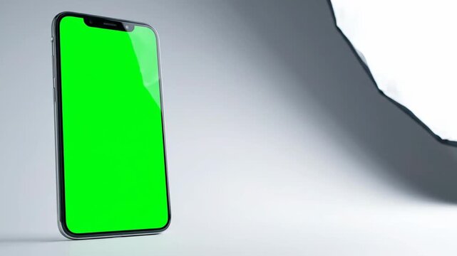 Sleek mobile device with adaptable green screen ready for custom content display, perfect for app presentations, digital mockups, and technology advertisements