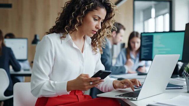 Focused professional woman working on laptop and smartphone in a modern office environment, multitasking success