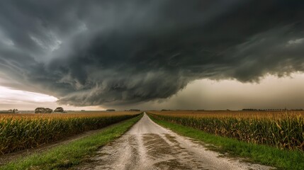 A rural road disappears into a storm. An expansive sky churns with dark clouds over a golden cornfield. Light breaks through