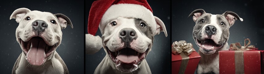 Laughing puppy with santa hat delivers christmas joy in holiday art. Adventure poster. Playful dog with santa hat and gift, minor color adjustments, card. Visual poster. Thriller poster.