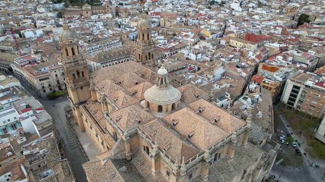 Drone Flight Over Jaen Cathedral and Scenic City Skyline, Andalusia Spain