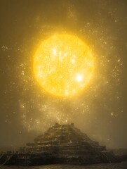 A forgotten temple shining faintly under the radiant glow of distant suns and drifting nebulae