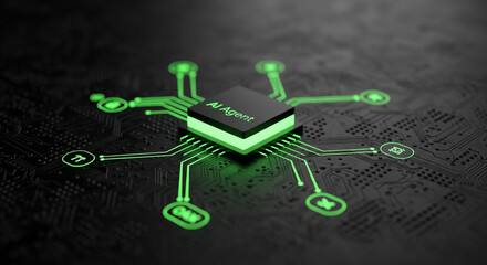 Central View of AI Agent Chip Connected to Icons, Symbolizing Intelligent Automation and Big Data Processing