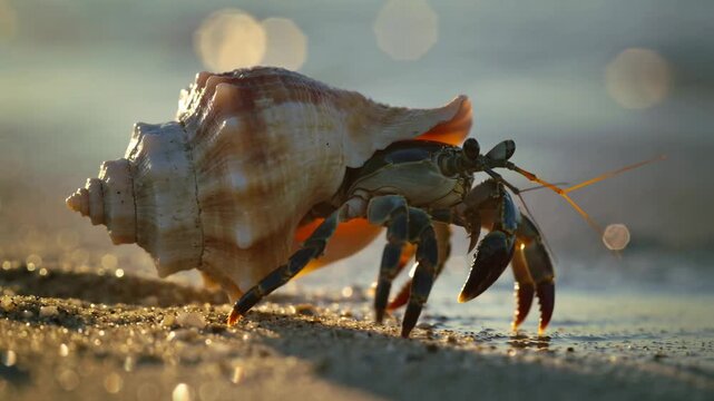 Crab walking on sandy beach with shell during sunset  