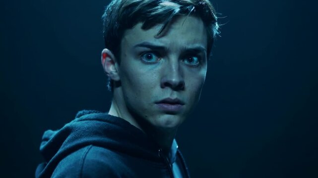 Young man looking fearful in dimly lit room with blue lighting  