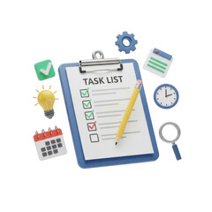 3D icon clipboard task list with pencil, isolated on white background