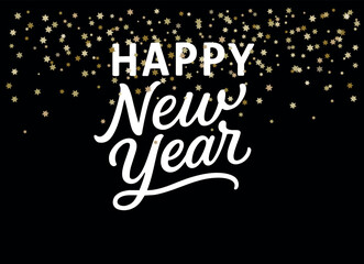 Happy New Year Typography with falling gold stars confettion on black background, Elegant Holiday Lettering Design. Celebration, New Years Eve Party Invitation, Greeting Card, Poster, Banner.