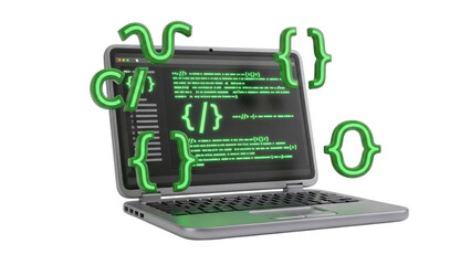 3D icon coding laptop with brackets, isolated on white background