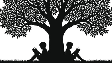 Children reading book under big tree silhouette, kids sitting on grass, learning and education concept, isolated vector illustration design.