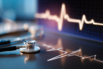 Modern stethoscope and digital heartbeat waveform illustrate vital signs monitoring in healthcare