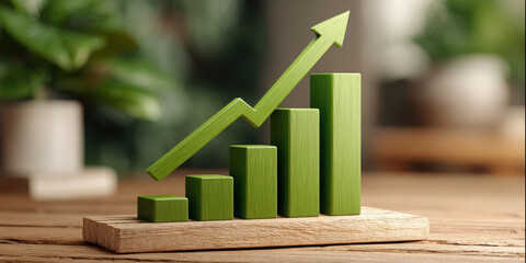 Bar graphs on wooden table indicate positive growth trend with green arrow in minimalistic setting