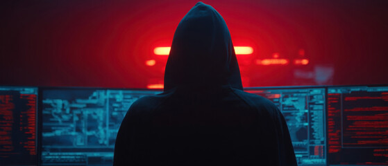 Mysterious hooded figure analyzes cybersecurity data on dual monitors in a dark setting with red and blue lighting